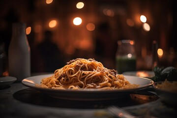 a delicious dish of spaghetti bolognese on a plate on an italian restaurant