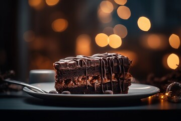 a delicious portions of chocolate cake on a plate on a table - obrazy, fototapety, plakaty