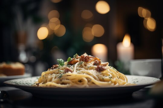 a delicious plate of spaghetti carbonara on a table with blurred background