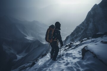 Fototapeta na wymiar alpinist climbing a high snowy mountain in the Himalaya in winter