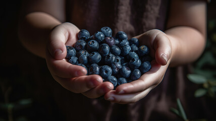 Hands holding Fresh Ripe Blueberries, picking berries in the garden. Fresh Juicy Delicious and Ripe Garden Berries for Healthy Diet Culinary Delights. Natural Eco Farming concept. generative ai