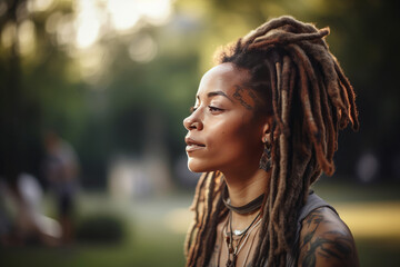 close up of a young black woman with dreadlocks