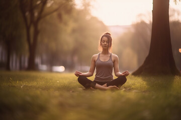 a young woman practicing yoga in lotus position on the grass in a public park under sunset light