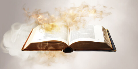 An open book with bookmark flying out of it  Burning with fire and smoke.  Holy Bible. Generative AI.