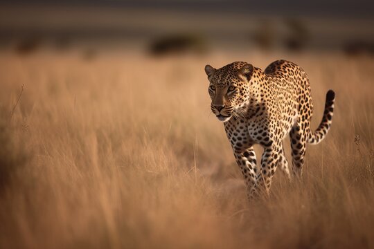 a guepard walking on the grass in the african grassland under sunset light