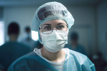 surgeon woman wearing full protection equipment with mask looking to camera in a hospital