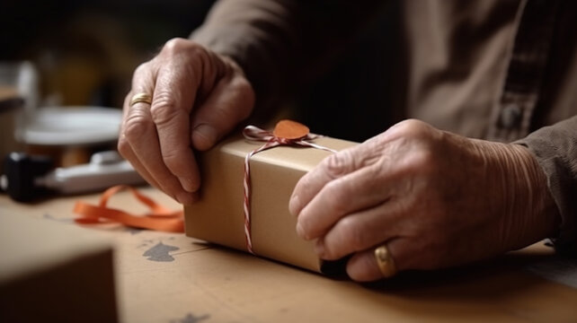 Men Hands Holding a Craft Gift Box. Handmade gift packaging concept. Close-up of a hand holding a gift box wrapping. generative ai