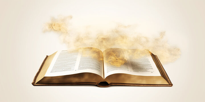 An open book with bookmark flying out of it  Burning with fire and smoke.  Holy Bible. Generative AI.