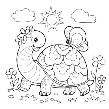 Cartoon turtle with a butterfly on its back. Black and white linear drawing. For the design of children's coloring books, prints, posters, cards, stickers, puzzles and so on. Vector