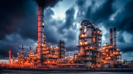 Factory - oil and gas industry. Oil refinery industrial plant at night.
