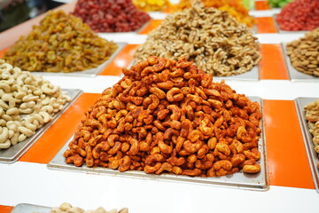 Cashew nuts at the Dubai Market and piles of dried fruits on display for sale at the Dubai Middle East market.