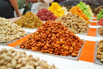 Cashew nuts at the Dubai Market and piles of dried fruits on display for sale at the Dubai Middle East market.