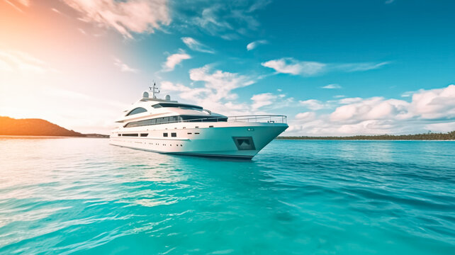 Luxury private motor yacht sailing at sea.

