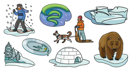 Alaska vector color set.Vector illustration of north eskimo and ice arctic inuit igloo .North alaska with ice igloo.Eskimo and inuit color icon. - obrazy, fototapety, plakaty