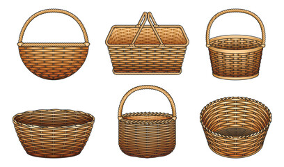 Wicker basket vector color set icon. Vector illustration basketry on white background. Isolated color set icon wicker basket .