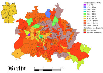 Federal state Berlin population by postal code map with Germany vector map 