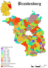 Federal state Brandenburg population by postal code map with Germany vector map 