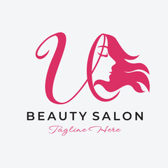Letter U Beauty Salon Logo Design, Beautiful Woman Face Hair Care Icon