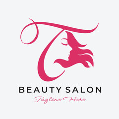 Letter T Beauty Salon Logo Design, Beautiful Woman Face Hair Care Icon