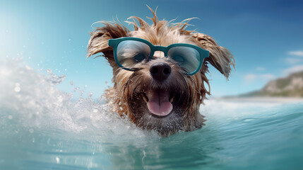 Happy cheerful dog swims in the sea. AI generation
glasses