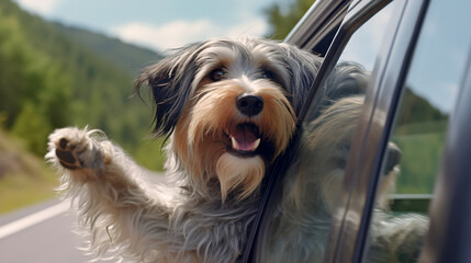 Funny happy dog shows paw peeking out car window while traveling. AI generation