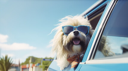 Funny happy dog in glasses looking out of the car window while traveling. Copy space. AI generation - obrazy, fototapety, plakaty
