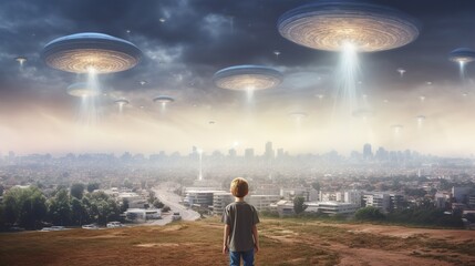 A little boy looks at the alien invasion of the city. UFO in the sky over the city. AI generation - obrazy, fototapety, plakaty