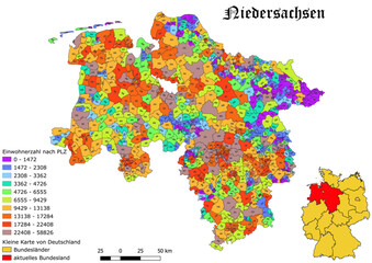 Federal state Niedersachsen population by postal code map with Germany vector map 