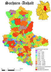 Federal state Sachsen - Anhalt population by postal code map with Germany vector map 