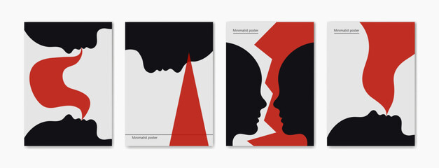 A set of minimalist red and black color posters on the topic of relationships, communication, podcast, research, discussion. Vector illustration.