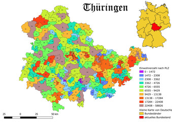 Federal state Thüringen population by postal code map with Germany vector map 