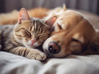 cute cat and dog cuddling
