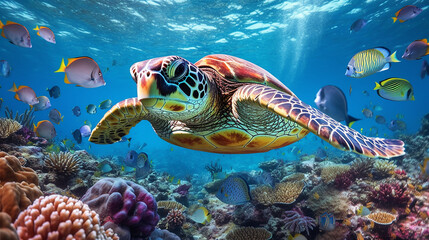 Fototapeta na wymiar green sea turtle with coral