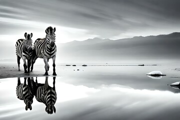 Fototapeta na wymiar Zebras in black and white color running in the water 