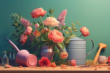 
Colorful flowers and gardening objects come together, creating a vibrant and lively scene that celebrates the joy and beauty of gardening.  Generative AI