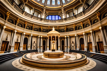 Obraz premium A majestic podium stands at the center of a grand theater, featuring intricate details carved from marble, adorned with golden accents and ornate patterns