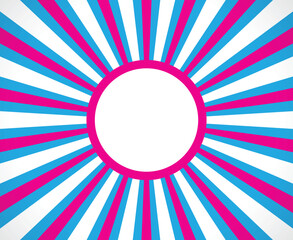 Pink and blue colourful sunburst pattern background with badge, rays, radial, summer banner, vector illustration