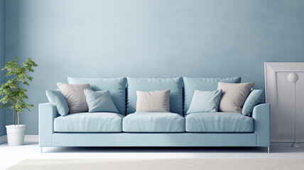 Fototapeta na wymiar interior with blue sofa and empty wall and decoration.ai generative, illustration,