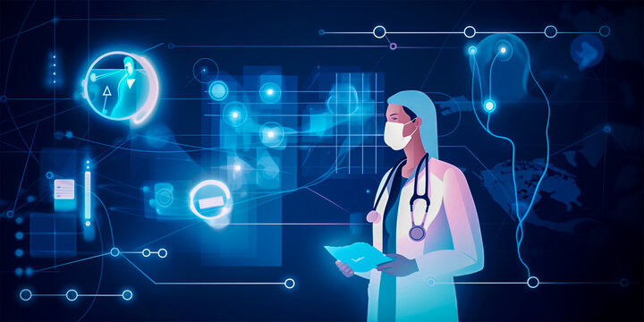 doctor, white medical cross with health icons on surrounding web interface. The virus pandemic is raising people's awareness of health, science, medical technology development and health protection.