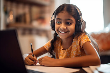 Portrait of a young East Indian girl engaged in remote learning via her computer, embodying the amalgamation of education and technology, generative ai