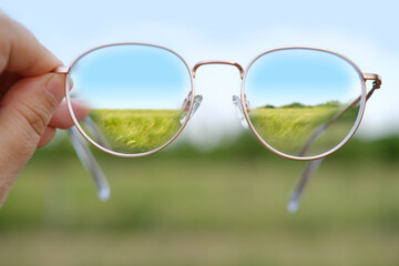 closeup woman checks gold-rimmed glasses, wheat field in lenses, cleanliness and transparency...