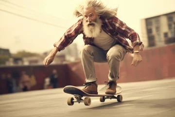 Foto op Aluminium Old Hipster man skateboarding fast. Generative AI. © Prime Lens