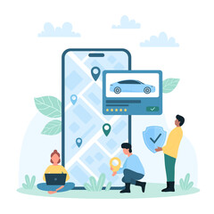 Rent and share car vector illustration. Cartoon tiny people with safety shield and location pin using city map in smartphone for navigation and carsharing, online taxi app service with insurance