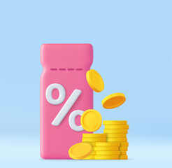 3d Coupon with Percent Symbol and Coins