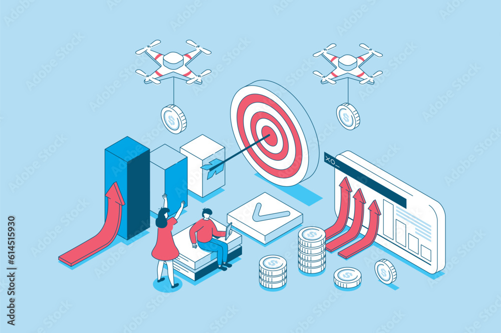 Aufkleber Business strategy concept in 3d isometric design. People analyzing data, planning work tasks, setting and achieving goals, developing company. Vector illustration with isometry scene for web graphic