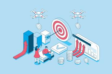 Business strategy concept in 3d isometric design. People analyzing data, planning work tasks, setting and achieving goals, developing company. Vector illustration with isometry scene for web graphic