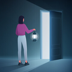 Cartoon girl standing at open entrance door alone, woman with lamp moving from shadow of dark room to bright light inside doorway on wall. Step into unknown future ahead concept vector illustration