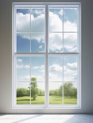Window with spring landscape created with Generative AI technology.