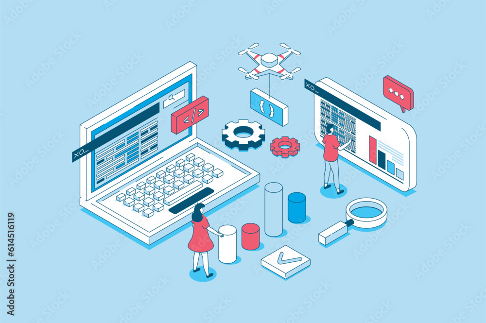 Poster DevOps concept in 3d isometric design. People working with computers, communication and collaboration agile processes on programming products. Vector illustration with isometry scene for web graphic