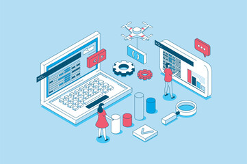 DevOps concept in 3d isometric design. People working with computers, communication and collaboration agile processes on programming products. Vector illustration with isometry scene for web graphic